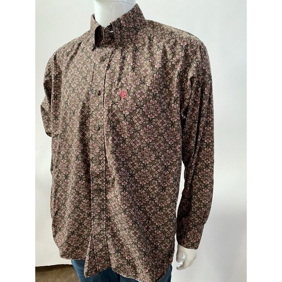 Ariat Mens M Brown & Pink Paisley Long Sleeve Western Pearl Snap Shirt - Picture 8 of 11